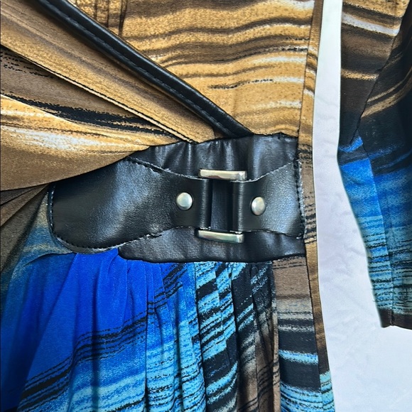 Mlle Gabrielle Blue and Brown Sheath Dress with Ruched Wrap Design - Picture 2 of 6